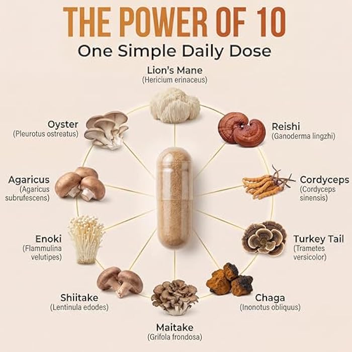 Simple-Organics 10 Mushroom Brain Supplement for Memory and Focus 2600mg | Energy and Immune Support | Cordyceps, Reishi, Lion’s Mane, Chaga, Turkey Tail, Maitake, Shiitake, Enoki, Agaricus, & Oyster - Image 3