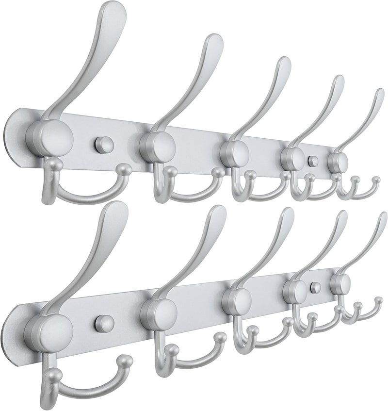 Dseap Coat Rack Wall Mounted - 5 Tri Hooks, Heavy Duty, Stainless Steel, Metal Coat Hook Rail for Coat Hat Towel Purse Robes Mudroom Bathroom Entryway (Silver, Pack of 2) - Image 1
