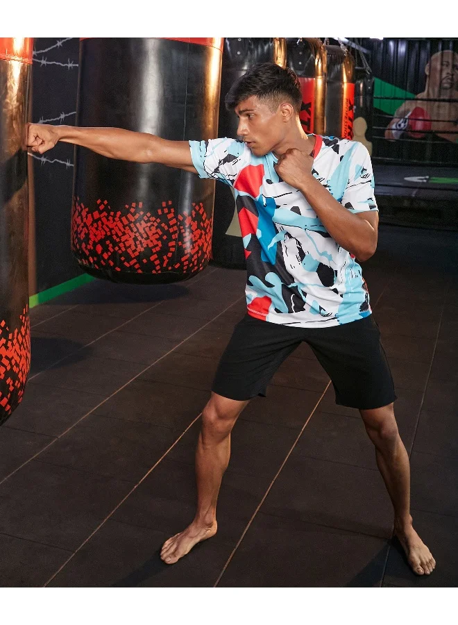 Campus Sutra CS Life Men's Powder Blue & Cream White Abstract Activewear T-Shirt For Casual Wear | Crew Neck | Short Sleeve | Anti-Odor | Dri-Fit | Jersey T-Shirt Crafted With Comfort Fit & High-Performance