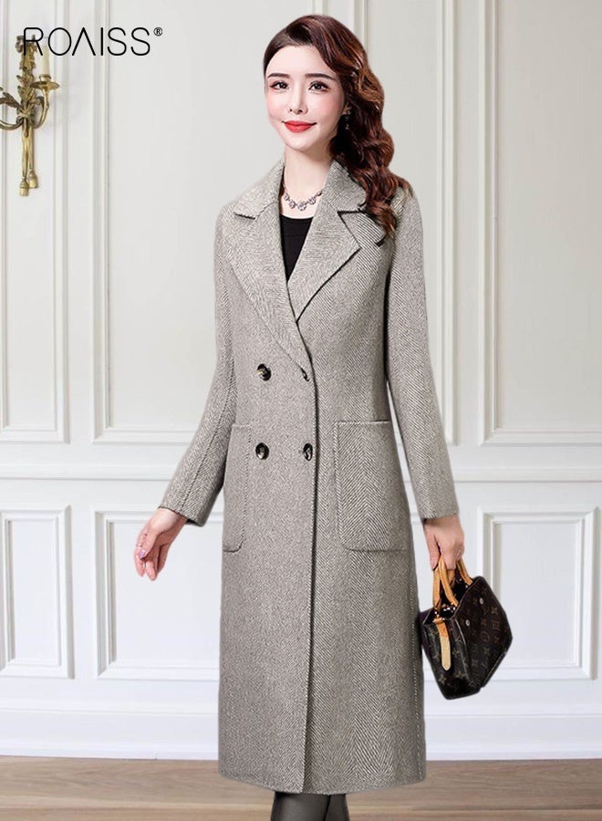 roaiss Women Contrast Binding Dual Pocket Overcoat Women Stylish Coat Warm Pure Color Long Jacket Women Outwear Slim High Quality Women Jackets - Image 2