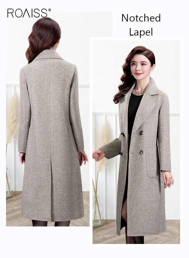 roaiss Women Contrast Binding Dual Pocket Overcoat Women Stylish Coat Warm Pure Color Long Jacket Women Outwear Slim High Quality Women Jackets - Image 4