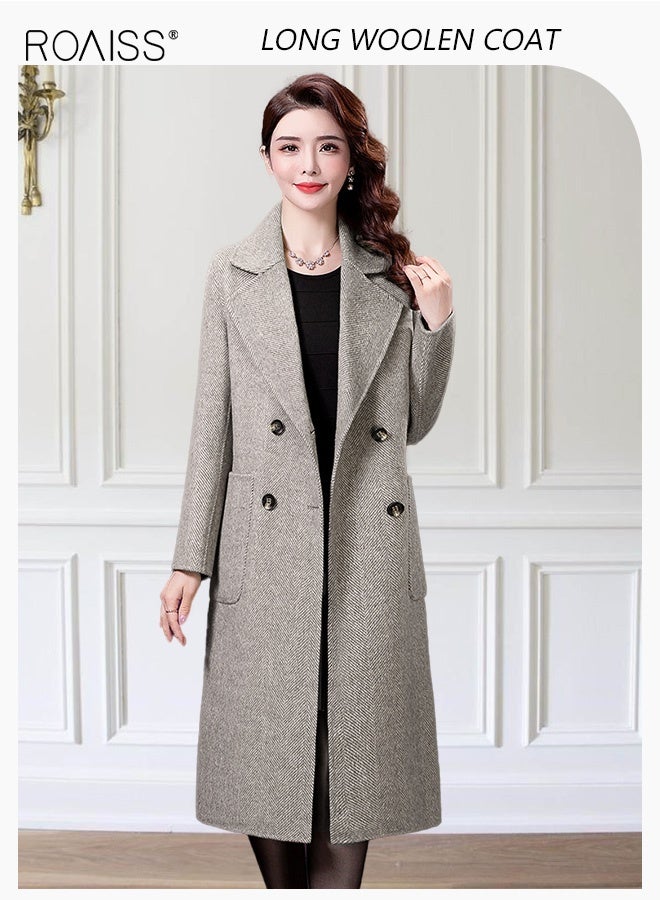 roaiss Women Contrast Binding Dual Pocket Overcoat Women Stylish Coat Warm Pure Color Long Jacket Women Outwear Slim High Quality Women Jackets - Image 3