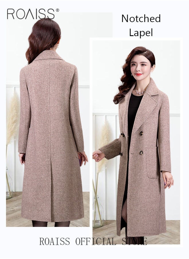 roaiss - Women Contrast Binding Dual Pocket Overcoat Women Stylish Coat Warm Pure Color Long Jacket Women Outwear Slim High Quality Women Jackets - Image 1