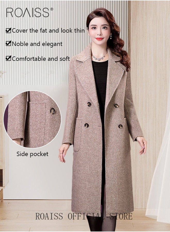 roaiss - Women Contrast Binding Dual Pocket Overcoat Women Stylish Coat Warm Pure Color Long Jacket Women Outwear Slim High Quality Women Jackets - Image 1