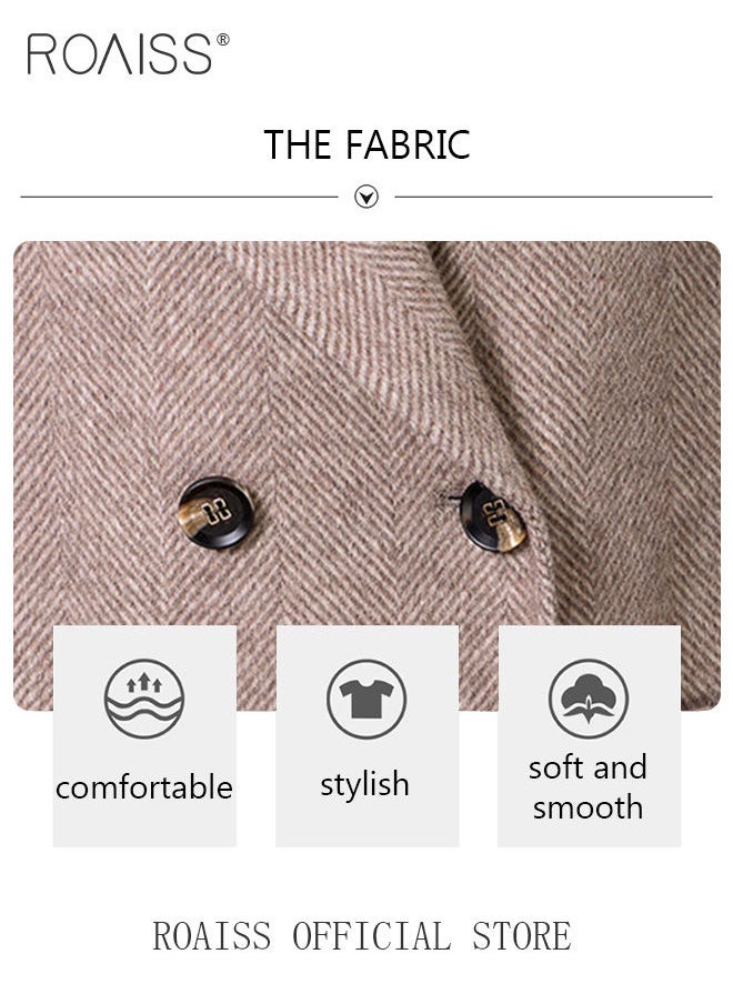 roaiss - Women Contrast Binding Dual Pocket Overcoat Women Stylish Coat Warm Pure Color Long Jacket Women Outwear Slim High Quality Women Jackets - Image 1
