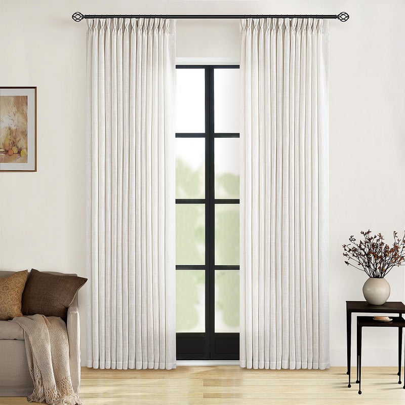 TWODRAPES Neutral Pinch Pleated 86 Inch Curtains Semi Sheer Linen Blended Light Filtering Window Curtains 86 Inches Long for Living Room Bedroom Boho Cream Birch Pinch Pleat Drapes Rings Hooks 2 Panels Set - Image 1