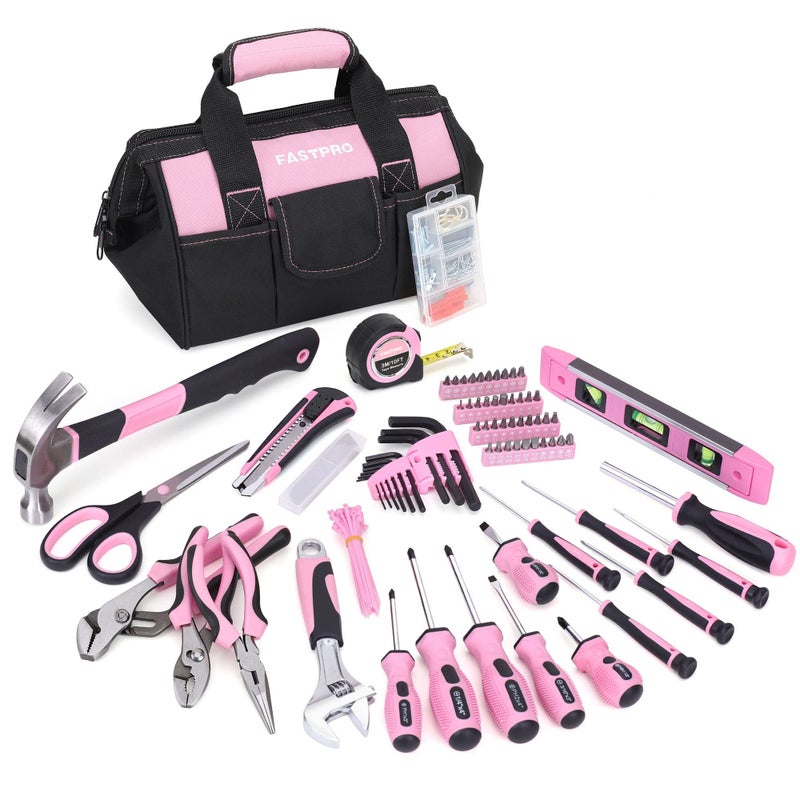 FASTPRO Pink Tool Set 220Piece Ladys Home Repairing Tool Kit with 12Inch Wide Mouth Open Storage Tool Bag