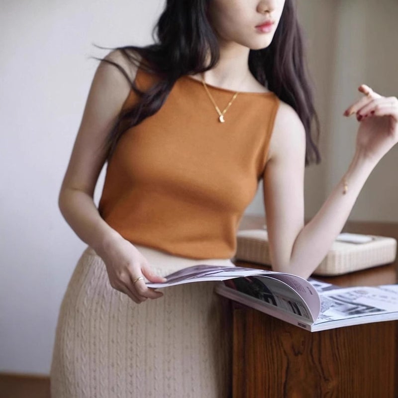 توب نسائي فرنسي رجعي محبوك بدون أكمام بقصة ضيقة للصيف - Image 3