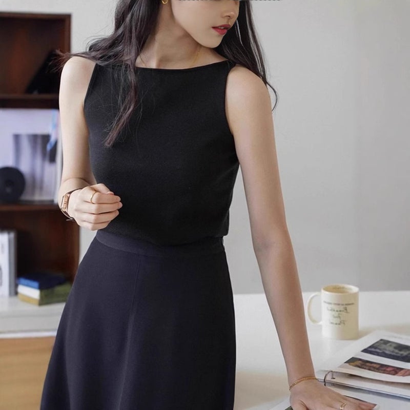 توب نسائي فرنسي رجعي محبوك بدون أكمام بقصة ضيقة للصيف - Image 4
