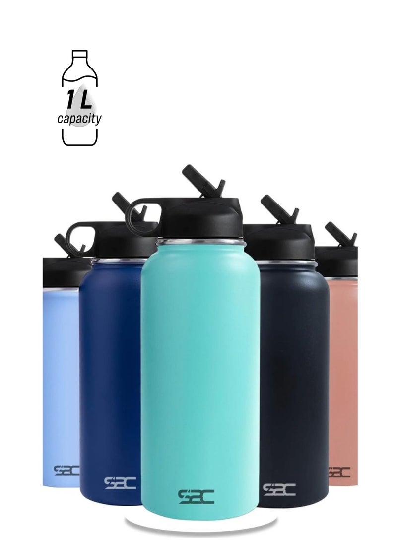 S2C Stainless Steel Water Bottle 1L,32oz Double Wall Vacuum Insulated Water Bottle, BPA Free Water Bottle for Kids School with Straw lid- Thermos Water Flask for Hot Water, Water Bottle  - Image 1