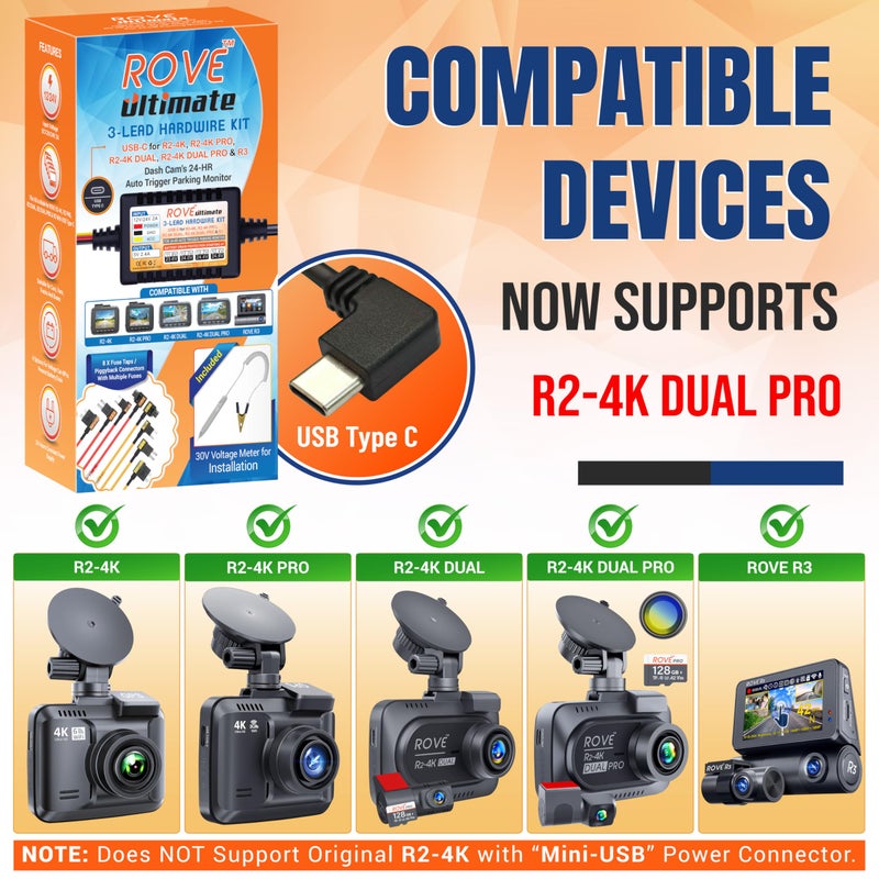 ROVE Ultimate Dash Cam Hardwire Kit with USB-C Port for R2-4K, R2-4K PRO, R2-4K Dual, R2-4K Dual PRO, and R3 Dash Camera Models, 24Hr Parking Monitoring Kit with Low Voltage Protection - Image 2