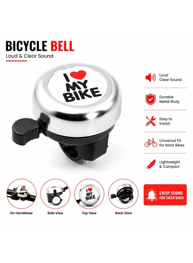 Fukukawa Loud Bicycle Bell 55mm I Love My Bike Design Aluminum Alloy Bike Horn Universal Handlebar Ring Bell for Kids and Adults Easy Install Cycling Safety Bell Silver - Image 1