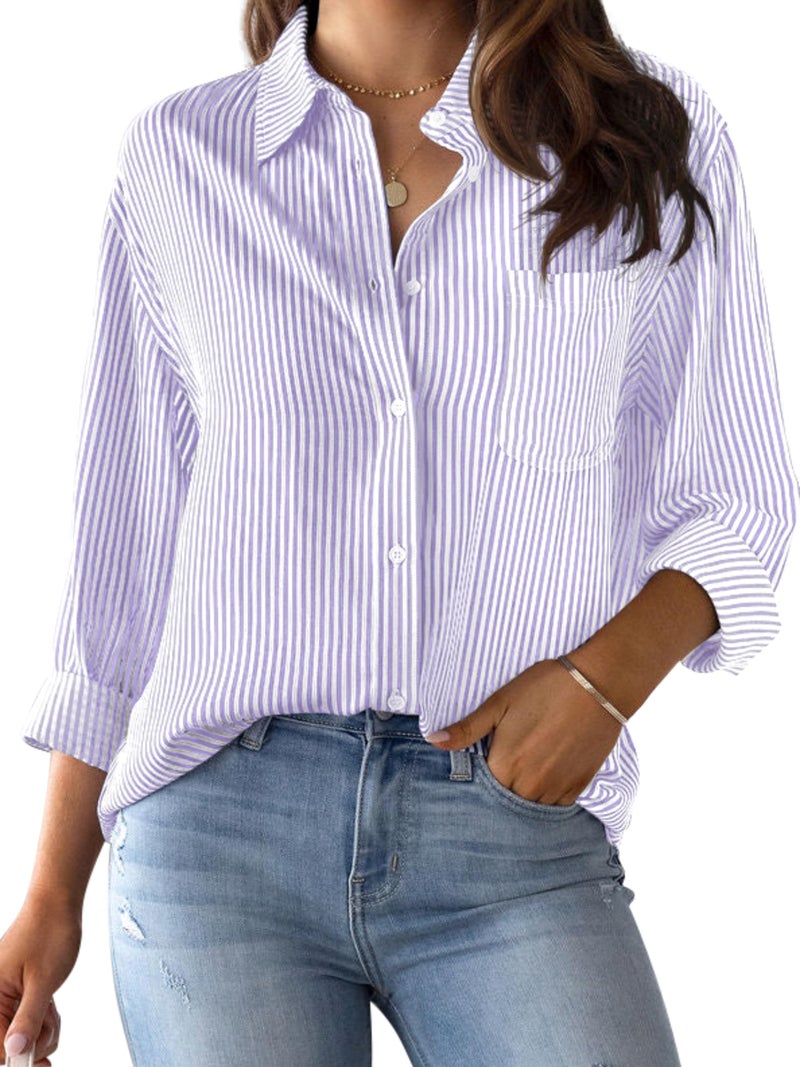 CUNLIN Light Purple Tops for Women Lavender Shirt Blouse Blouses & Button-Down Shirts Womens Striped Button Down Up Top Lavender Size L - Image 1