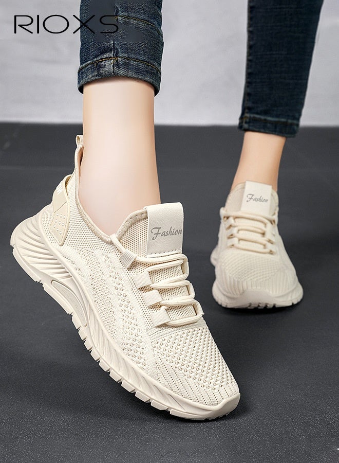 RIOXS Unisex Fashion Trainers, Men's Running Shoes, Women's Sports Shoes, Classic Slip On Breathable Knit Mesh Sneakers, Lightweight Walking Run Shoes for Men Women, Minimalist Tennis Shoes for Ladies, Comfortable Athlesiure Shoes for Man, Non Slip Workout Gym Trainers, Trendy Shoes for Jogging/ Hiking/ Fishing/ Casual/ Traveling/ Daily Wear, Beige Footwear - Image 1