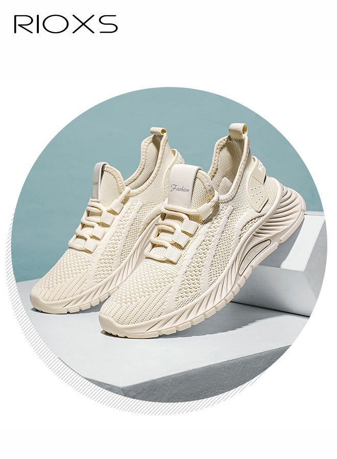 RIOXS Unisex Fashion Trainers, Men's Running Shoes, Women's Sports Shoes, Classic Slip On Breathable Knit Mesh Sneakers, Lightweight Walking Run Shoes for Men Women, Minimalist Tennis Shoes for Ladies, Comfortable Athlesiure Shoes for Man, Non Slip Workout Gym Trainers, Trendy Shoes for Jogging/ Hiking/ Fishing/ Casual/ Traveling/ Daily Wear, Beige Footwear - Image 5