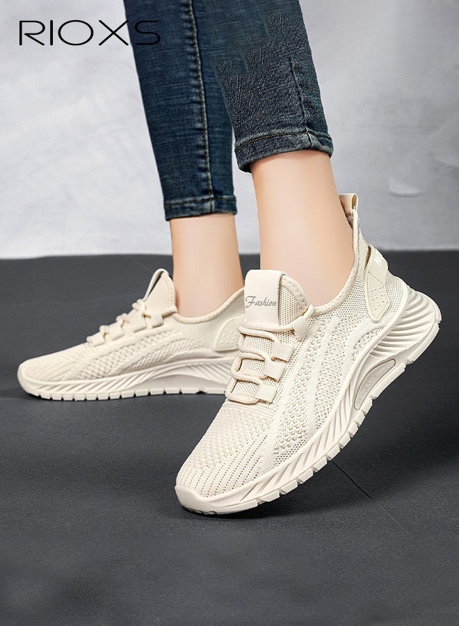RIOXS Unisex Fashion Trainers, Men's Running Shoes, Women's Sports Shoes, Classic Slip On Breathable Knit Mesh Sneakers, Lightweight Walking Run Shoes for Men Women, Minimalist Tennis Shoes for Ladies, Comfortable Athlesiure Shoes for Man, Non Slip Workout Gym Trainers, Trendy Shoes for Jogging/ Hiking/ Fishing/ Casual/ Traveling/ Daily Wear, Beige Footwear - Image 2
