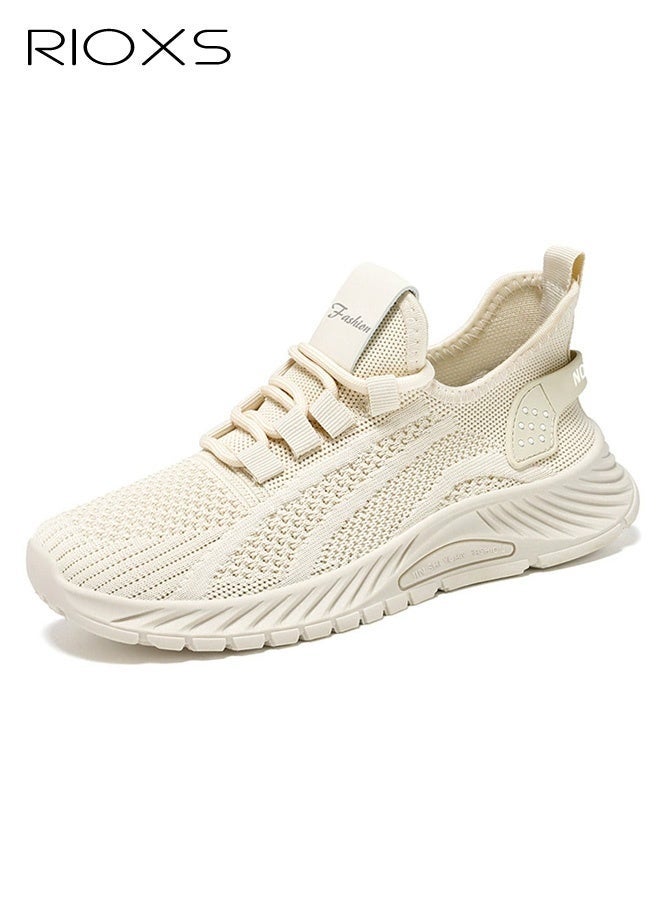 RIOXS Unisex Fashion Trainers, Men's Running Shoes, Women's Sports Shoes, Classic Slip On Breathable Knit Mesh Sneakers, Lightweight Walking Run Shoes for Men Women, Minimalist Tennis Shoes for Ladies, Comfortable Athlesiure Shoes for Man, Non Slip Workout Gym Trainers, Trendy Shoes for Jogging/ Hiking/ Fishing/ Casual/ Traveling/ Daily Wear, Beige Footwear - Image 3