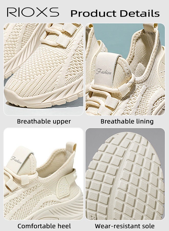 RIOXS Unisex Fashion Trainers, Men's Running Shoes, Women's Sports Shoes, Classic Slip On Breathable Knit Mesh Sneakers, Lightweight Walking Run Shoes for Men Women, Minimalist Tennis Shoes for Ladies, Comfortable Athlesiure Shoes for Man, Non Slip Workout Gym Trainers, Trendy Shoes for Jogging/ Hiking/ Fishing/ Casual/ Traveling/ Daily Wear, Beige Footwear - Image 4