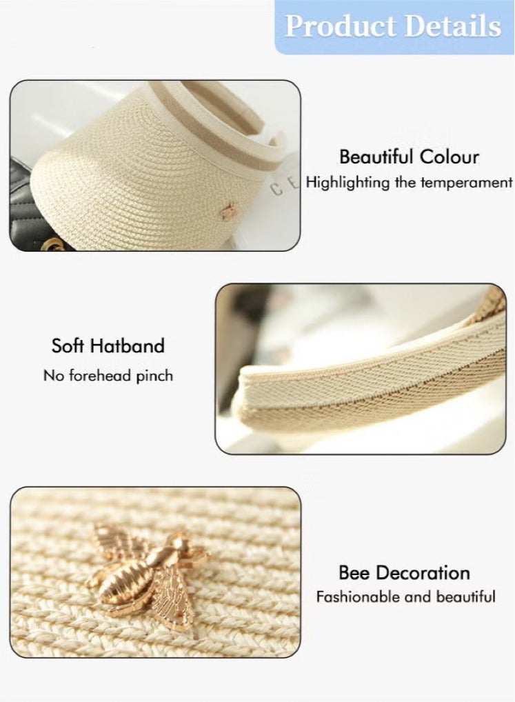 Generic 2 Pcs Empty Top Beach Straw Hat for Women Lady's Portable Beach Visor Bee Decor Sun Hat Casual Golf Beach Cap Outdoor Hat Garden Fishing Hiking - Image 5