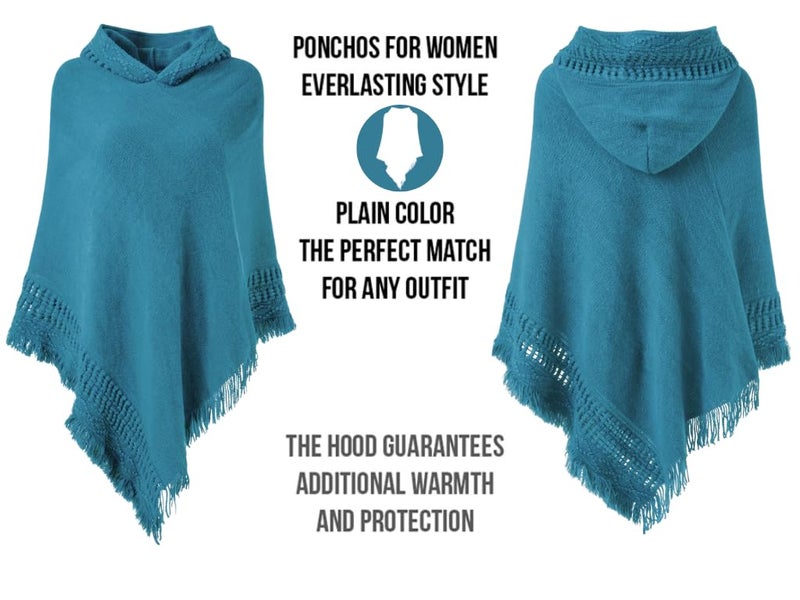 Ferand Ladies' Hooded Cape with Fringed Hem, Crochet Poncho Knitting Patterns for Women, French Blue - Image 3