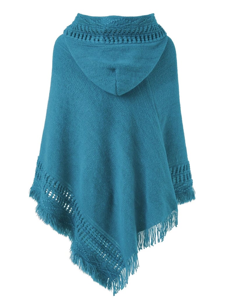 Ferand Ladies' Hooded Cape with Fringed Hem, Crochet Poncho Knitting Patterns for Women, French Blue - Image 2