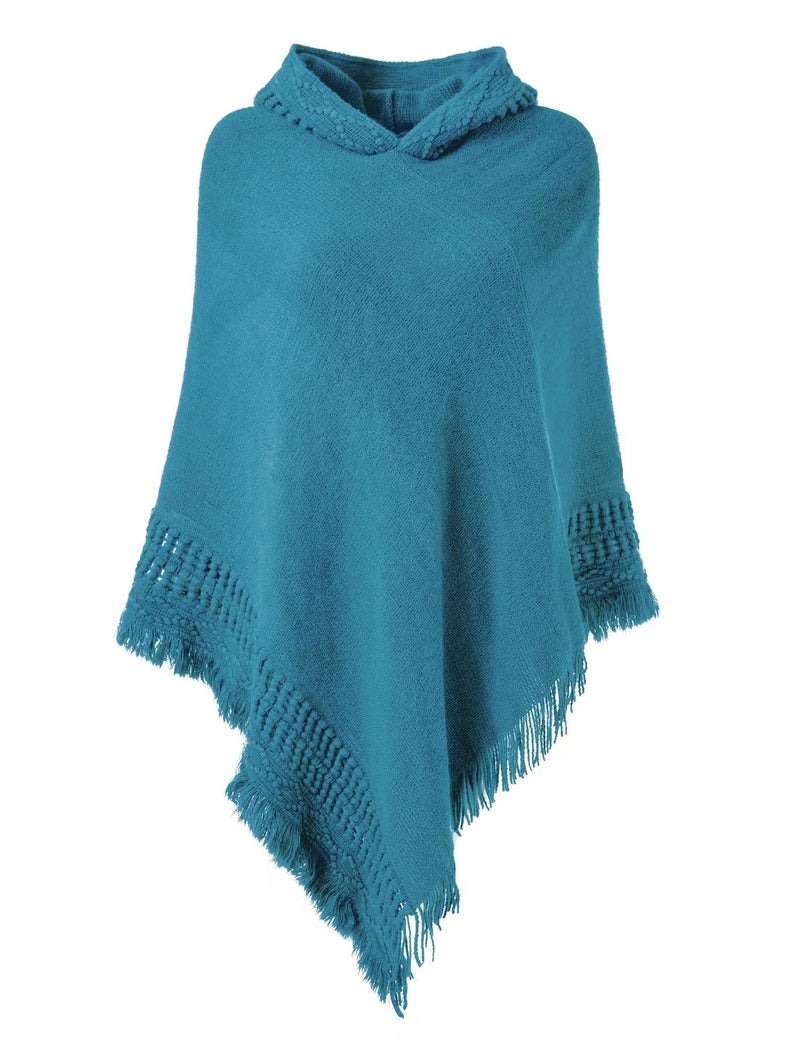 Ferand Ladies' Hooded Cape with Fringed Hem, Crochet Poncho Knitting Patterns for Women, French Blue - Image 1