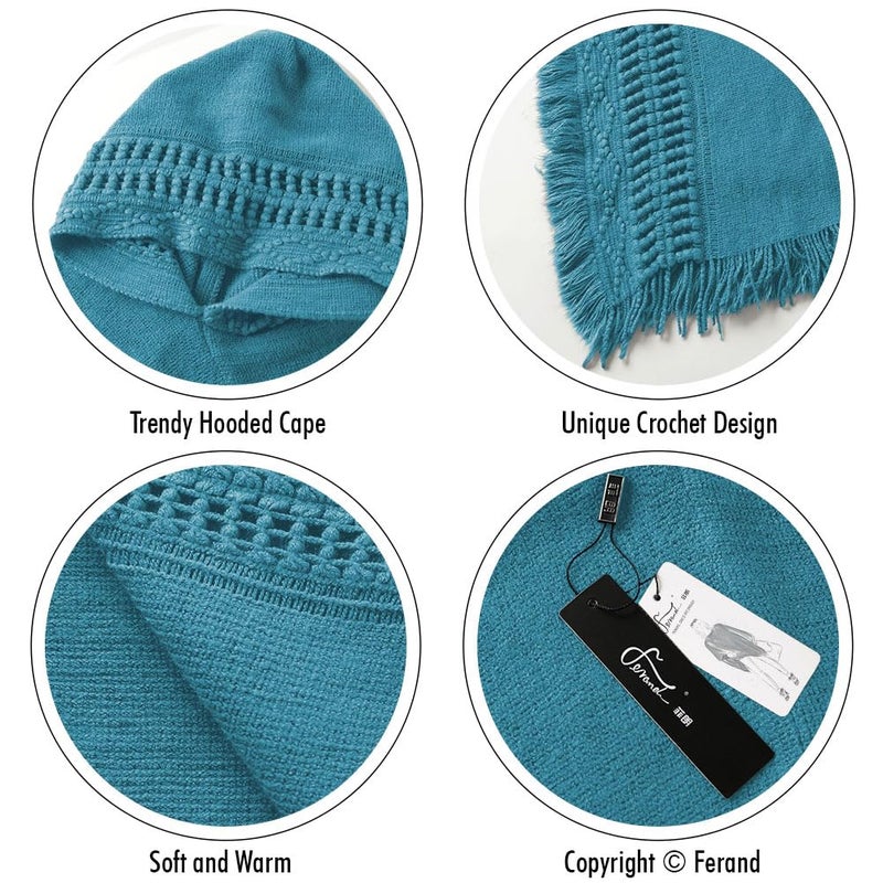 Ferand Ladies' Hooded Cape with Fringed Hem, Crochet Poncho Knitting Patterns for Women, French Blue - Image 4