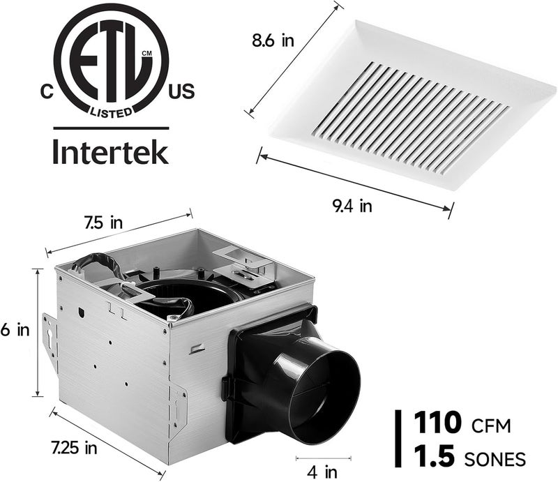 Tech Drive Bathroom Exhaust Fan 110 CFM, 1.5 Sone, 4-Inch Duct,No Attic Access Needed,Very Quiet Ventilation Fan, Easy to Install Ceiling Mounted, White, ETL Certified - Image 2