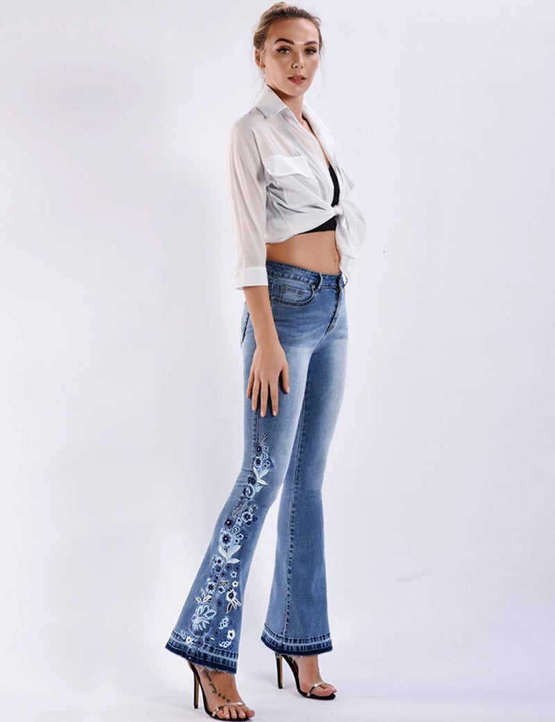 ZENTHACE Women's Flared Fit Jeans Bell Bottom Denim Pants with Contrast Wash Hem Detail (Embroidered Light Blue, 14) - Image 4