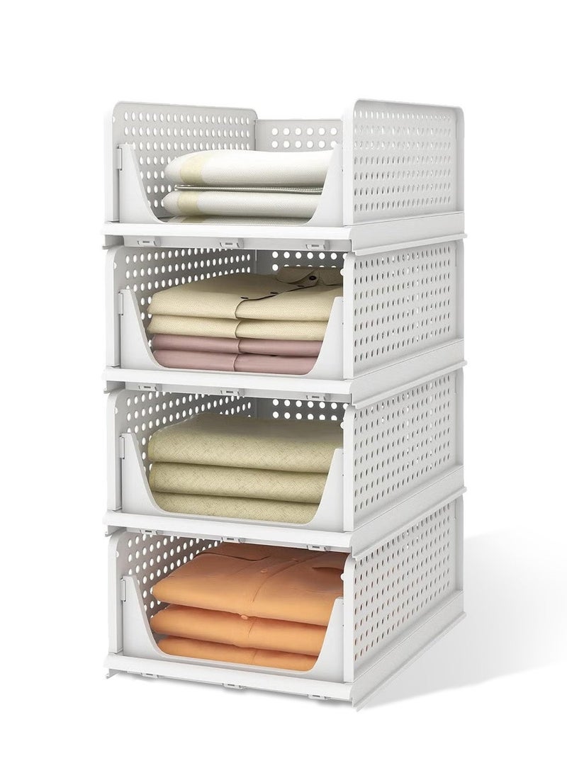 4 Pcs Stackable Plastic Storage Baskets, Foldable Closet Organizer Storage Bins, Drawer Shelf Storage Container Storage Boxes for Clothes & Accessories, Wardrobe Storage Box for Bedroom Clothes, Living Room Snacks, Kitchen Food Jars & Bathroom Toiletries - Image 1