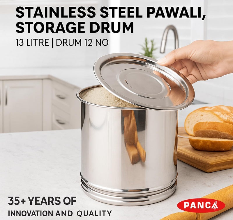 PANCA Stainless Steel Pawali Storage Drum | 13 Litre Capacity (Size 12) | Durable Food-Grade Steel Drum for Kitchen Storage | Ideal for Rice, Atta, Flour, Grains & Water | (Silver) - Image 2