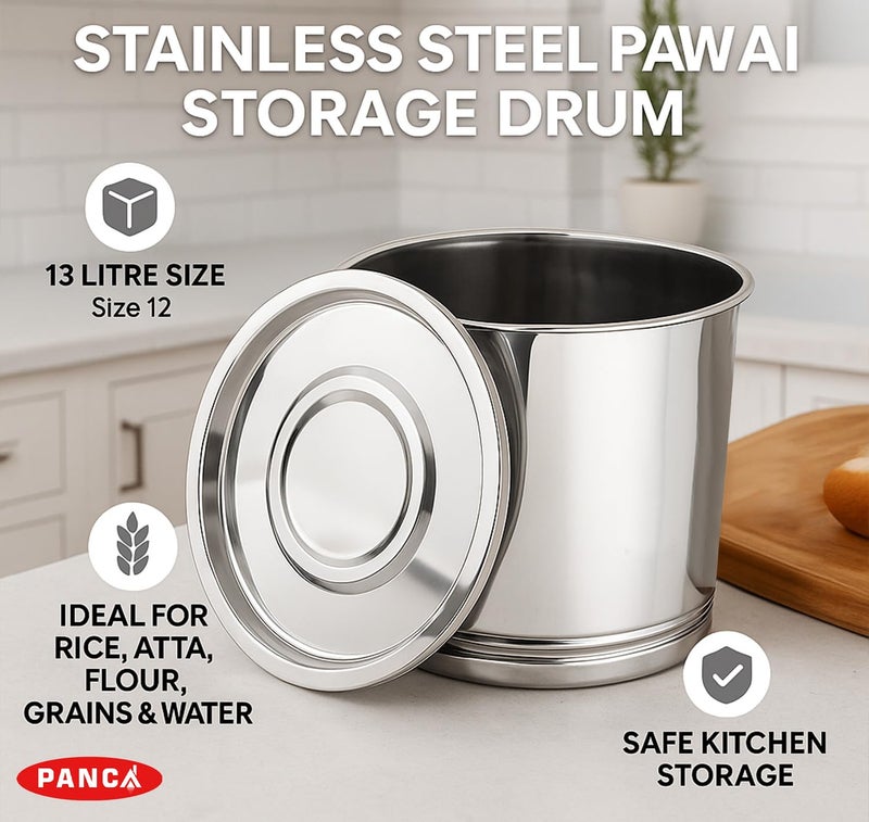 PANCA Stainless Steel Pawali Storage Drum | 13 Litre Capacity (Size 12) | Durable Food-Grade Steel Drum for Kitchen Storage | Ideal for Rice, Atta, Flour, Grains & Water | (Silver) - Image 4
