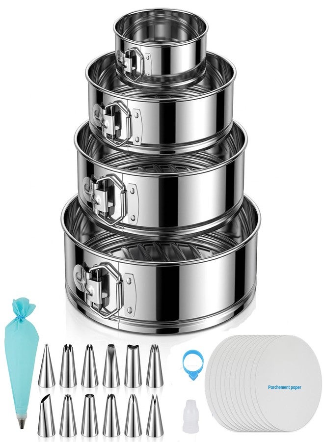 Aufind Springform Pan Set for Baking (4,7,9,10inches), 304 Stainless Steel Springform Cake Pan with Removable Bottom, Cheesecake Pan with 50PCS Parchment Paper for Pie Cake Pizza and Quiches - Image 1