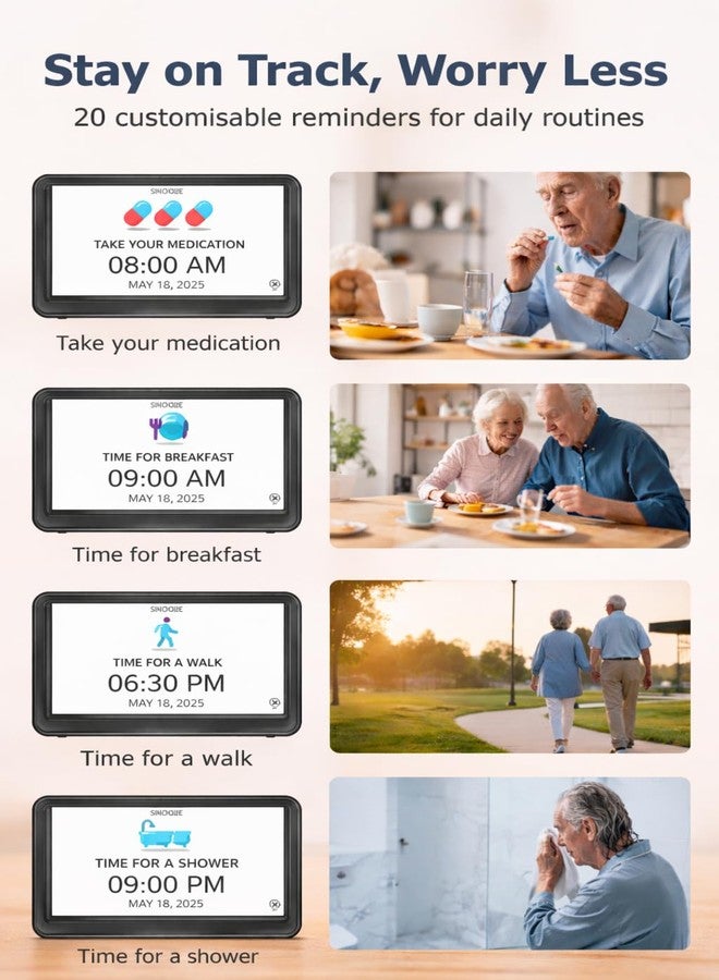 Mesqool Dementia & Alzheimer’s Clock for Seniors – 7" Large HD Display Digital Calendar with Day & Date, 20 Alarms & 20 Medicine Reminders, Memory Loss Support, Black - Image 3