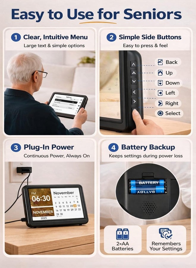 Mesqool Dementia & Alzheimer’s Clock for Seniors – 7" Large HD Display Digital Calendar with Day & Date, 20 Alarms & 20 Medicine Reminders, Memory Loss Support, Black - Image 4