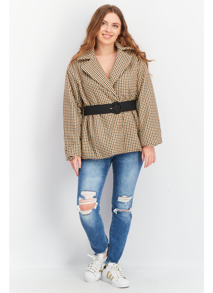Fashion Union - Women Notched Collar Long Sleeves Checkered Puffer Jacket, Brown - Image 1