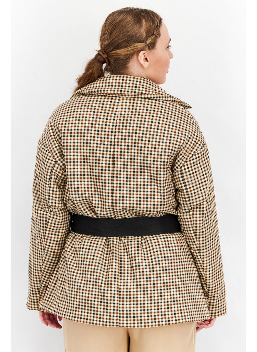 Fashion Union - Women Notched Collar Long Sleeves Checkered Puffer Jacket, Brown - Image 1