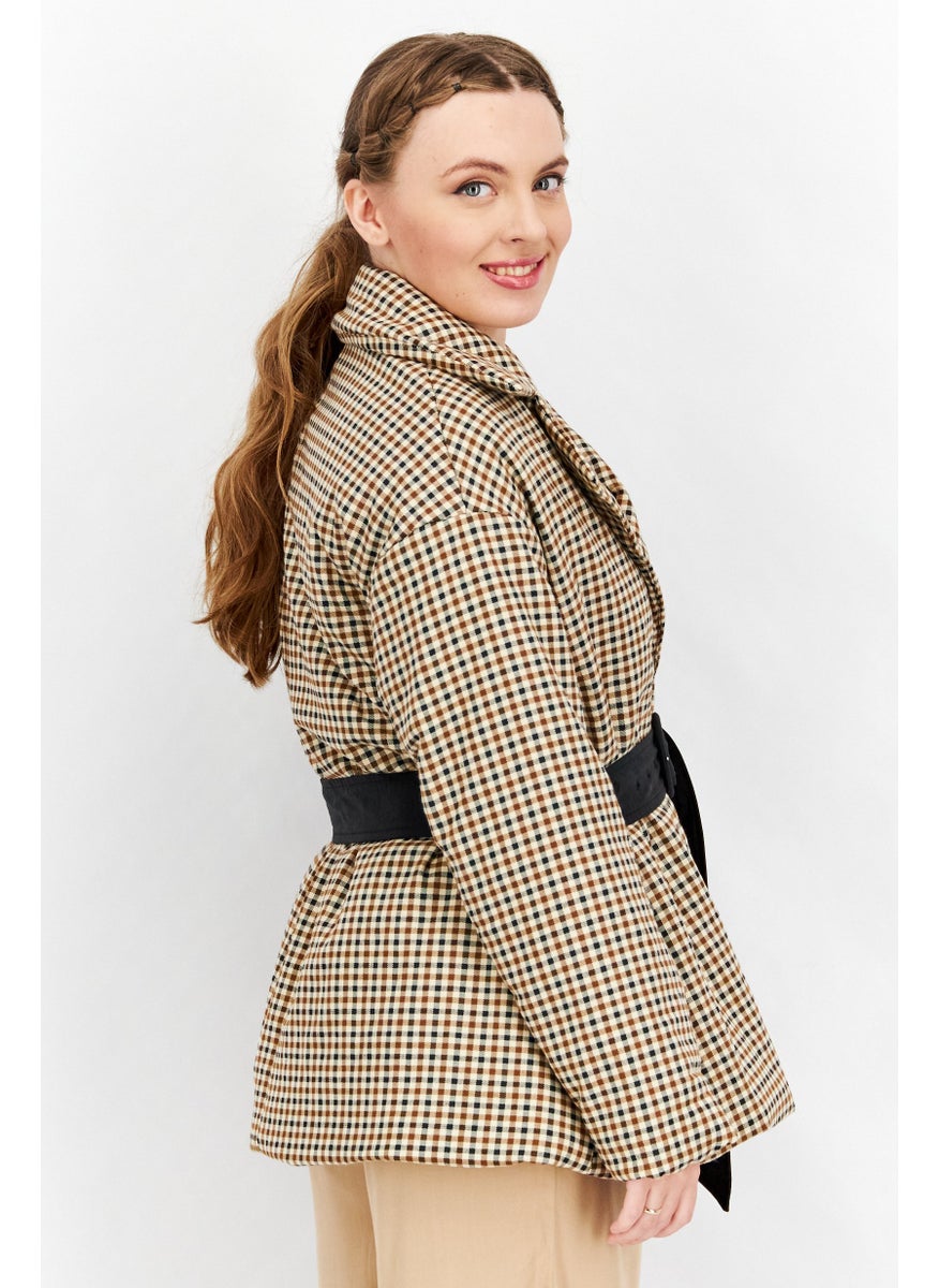 Fashion Union - Women Notched Collar Long Sleeves Checkered Puffer Jacket, Brown - Image 1
