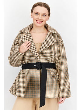 Women Notched Collar Long Sleeves Checkered Puffer Jacket, Brown