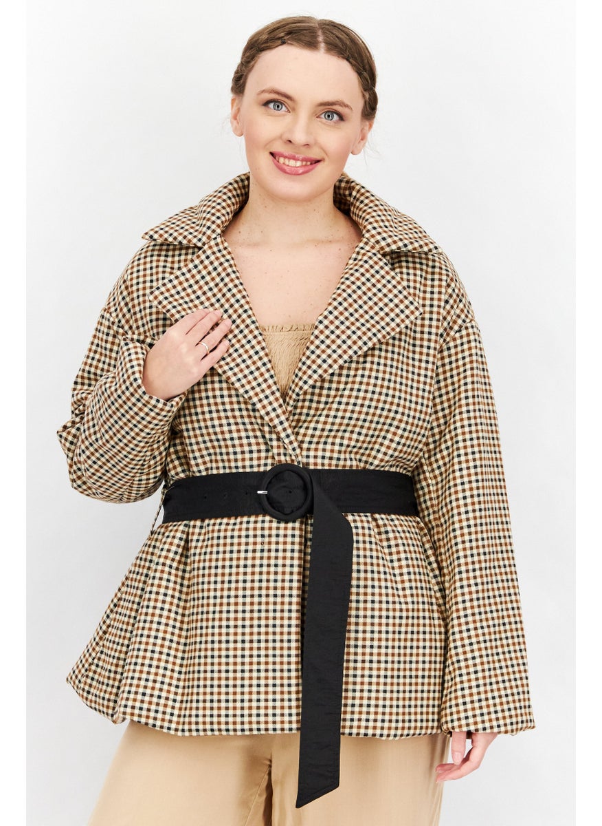 Fashion Union - Women Notched Collar Long Sleeves Checkered Puffer Jacket, Brown - Image 1