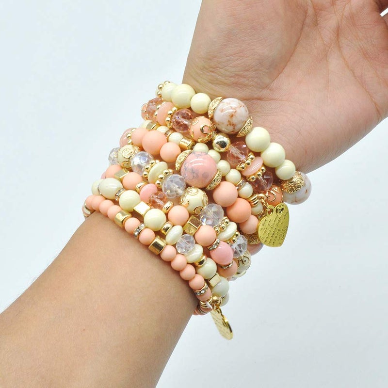 VONRU Bohemian Bracelet Sets for Women - 6 Sets Stackable Stretch Bracelets Multi-color Boho Jewelry for Women Hippie Bracelets Dainty Jewelry Best Friend Gift (Stackable bracelets with heart charm) - Image 4