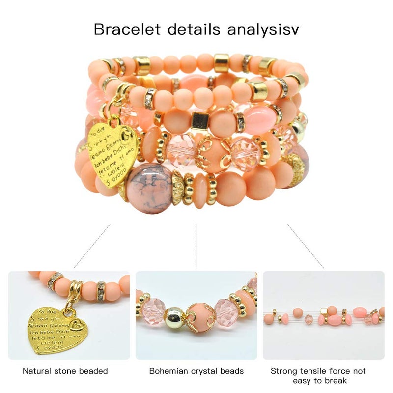 VONRU Bohemian Bracelet Sets for Women - 6 Sets Stackable Stretch Bracelets Multi-color Boho Jewelry for Women Hippie Bracelets Dainty Jewelry Best Friend Gift (Stackable bracelets with heart charm) - Image 3