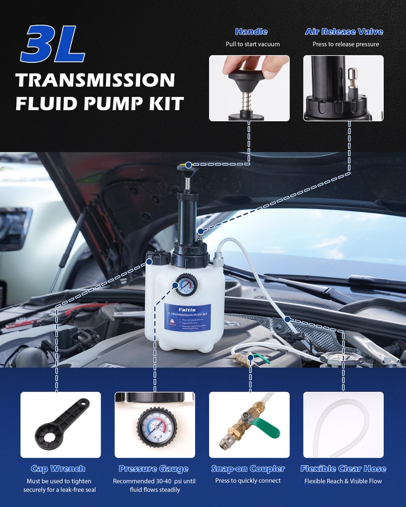 FAITIO 3L Transmission Fluid Transfer Pump w/ 12 ATF Adapters, Automotive Fluid Pressure Pump for Refilling Transmission, Differential and Gear Oil, Manual Car Oil Dispenser Pump - Image 3