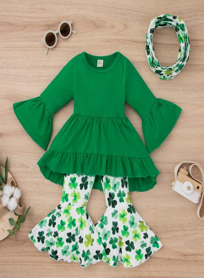 Noubeau Toddler Baby Girl St.Patrick's Day Outfits Solid Tunic Top Dress Lucky Clover Shamrock Four-Leaf Flared Pants Scarf Sets (Shamrock- 2, 3-4 Years) - Image 2