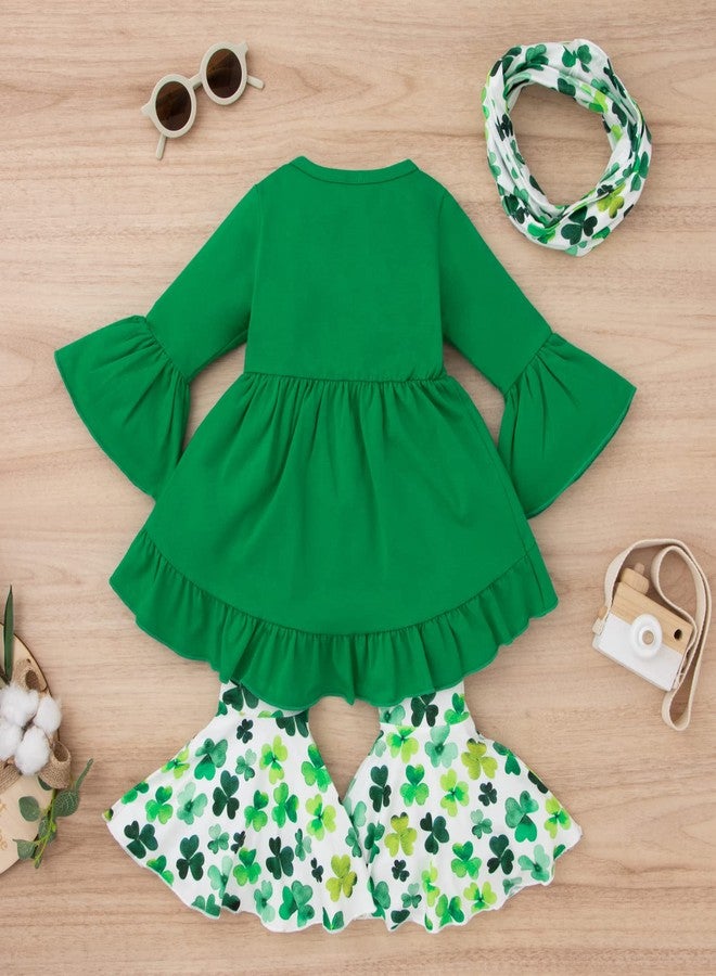 Noubeau Toddler Baby Girl St.Patrick's Day Outfits Solid Tunic Top Dress Lucky Clover Shamrock Four-Leaf Flared Pants Scarf Sets (Shamrock- 2, 3-4 Years) - Image 3