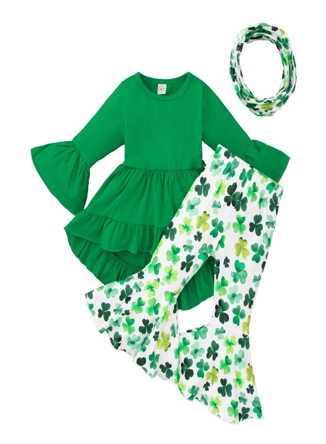 Noubeau Toddler Baby Girl St.Patrick's Day Outfits Solid Tunic Top Dress Lucky Clover Shamrock Four-Leaf Flared Pants Scarf Sets (Shamrock- 2, 3-4 Years) - Image 1