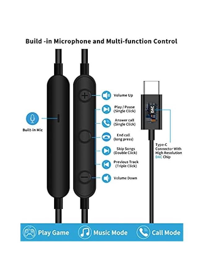 USB C Headphone for Samsung S23 FE S22 S21 S20 A53 A54 Wired Earbuds Magnetic in-Ear Type C Earphone with Microphone Volume Control Bass Stereo Noise Canceling for iPhone 15 Pro Max Pixel 6 6a 7a 8