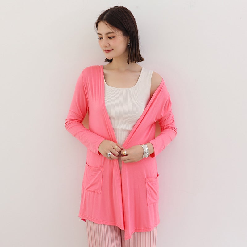 Generic Summer modal sunscreen cardigan womens thin knitted pocket sling outdoor air conditioning shirt summer shawl coat women Watermelon red