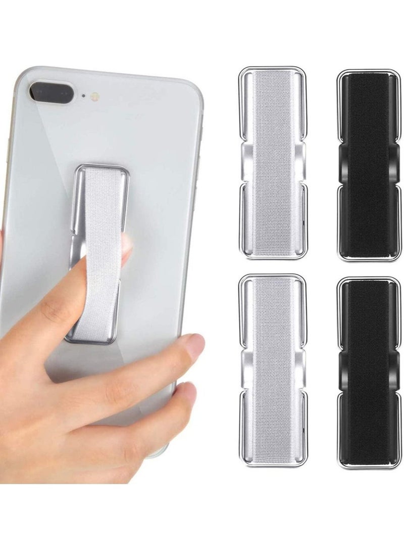 ELTRAZONE 4 Pieces Finger Strap Phone Holder Elastic Finger Holder Cell Phone Grip Holder Finger Strap with Stand for Smartphones, Small Tablets (Black, Silver) - Image 1
