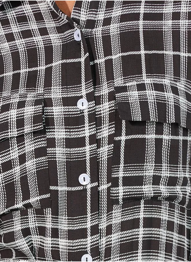 Styli Checkered Shirt Midi Dress with Tie Belt